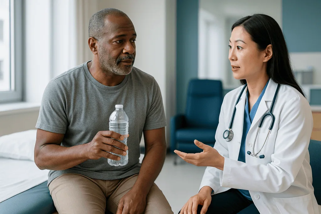 Doctor consulting male patient in clinic room: Why living with a ureteral stent feels the way it does