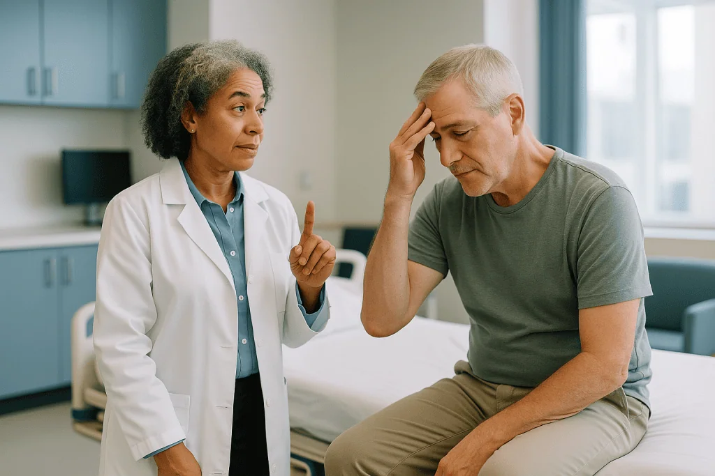 Doctor consulting with older male patient in clinic — Why low blood pressure makes you dizzy: your brain sits above your hear