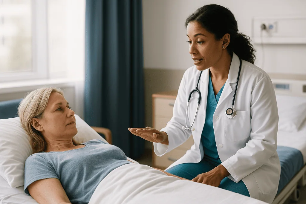 Doctor consulting with patient in hospital bed: Why lying flat comes first, and what the flat hours are protecting