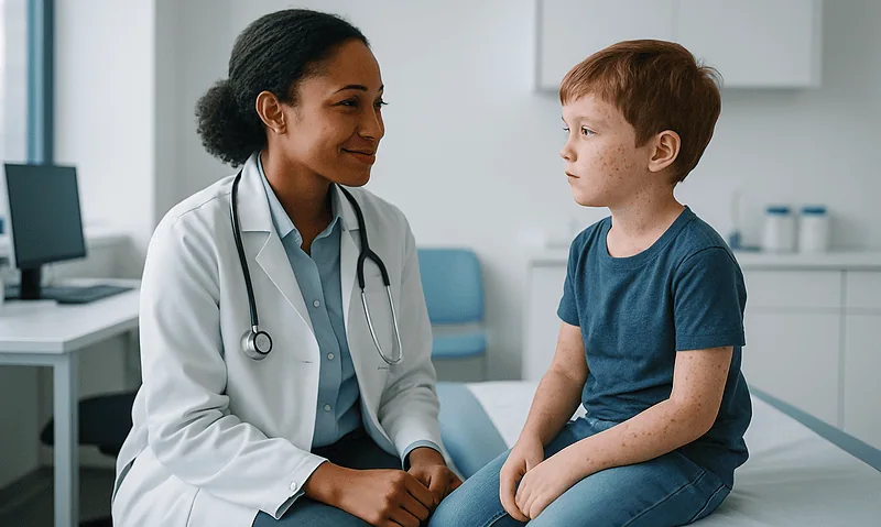 Pediatric consultation at Acibadem Hospital with doctor and young patient.