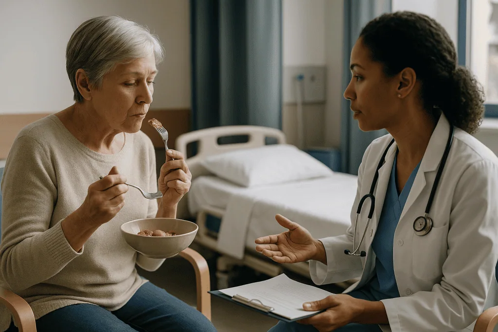 Doctor consulting elderly patient about nutrition and diet: Why might surgery not be planned in the first place?