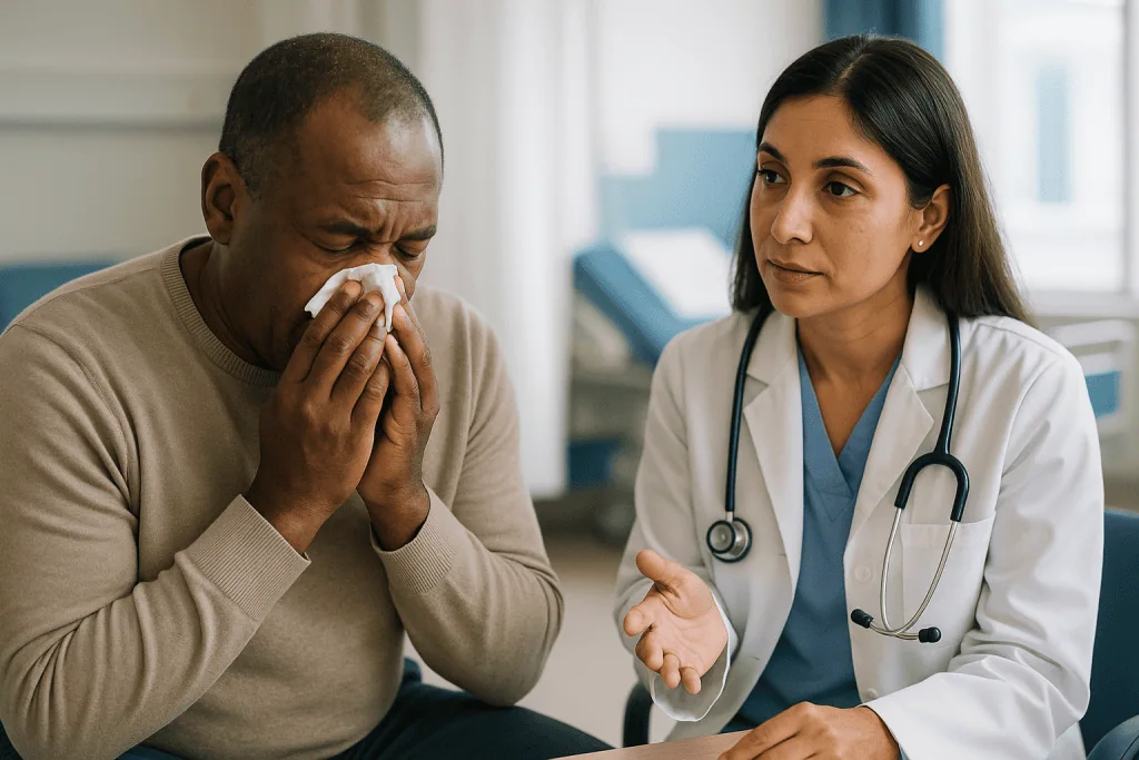 Doctor consulting patient about respiratory symptoms: Why mucus color cannot tell you what kind of infection you have