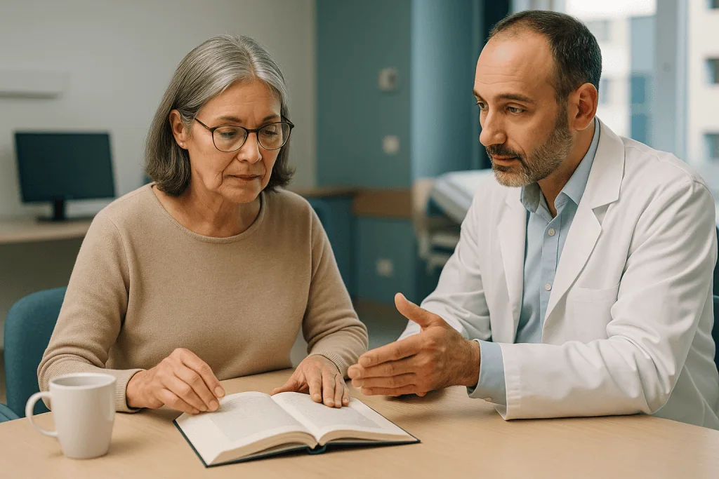 Doctor consulting with older patient over open book: Why multifocal lens implant expectations matter more than the lens itse