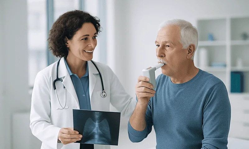 Doctor performs breathing test on elderly male patient in clinic setting.
