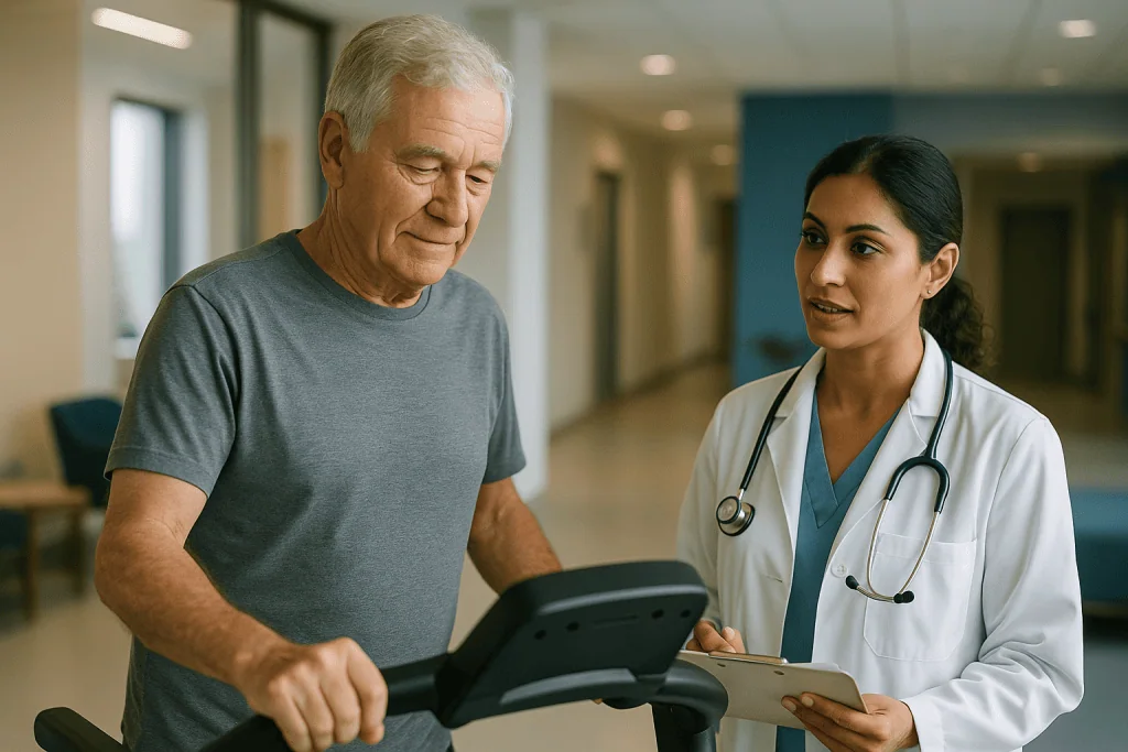 Doctor consulting patient on exercise equipment in clinic — Why NAD+ levels fall with age, and how sure we are