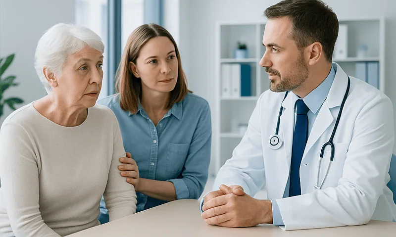 Doctor discussing cognitive health with elderly patient and family member.
