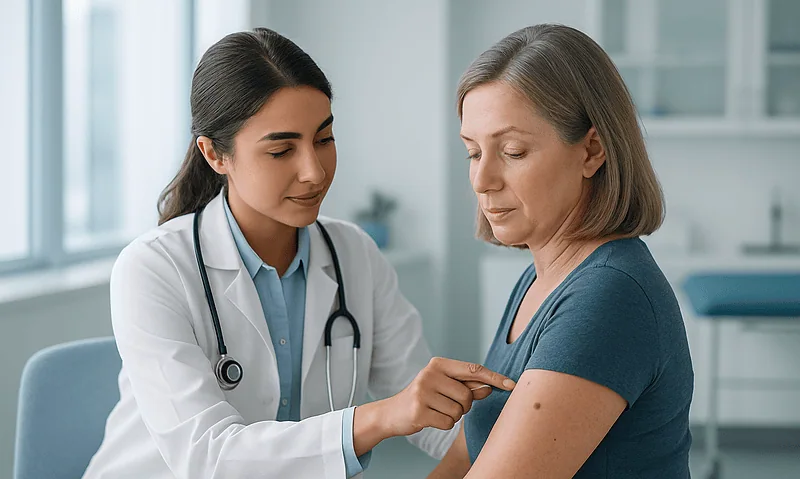Doctor examining a patient's skin for new moles or skin changes.
