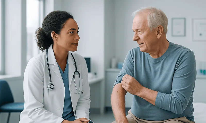 Doctor consulting with an elderly male patient in a medical office.