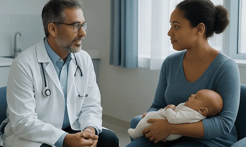 Doctor consulting with mother and newborn in hospital setting.