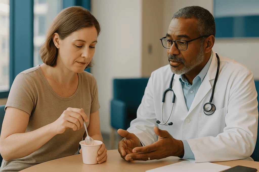 Doctor consulting with patient holding cup: Why nipple reconstruction projection loss happens: the biology of a flap that sh