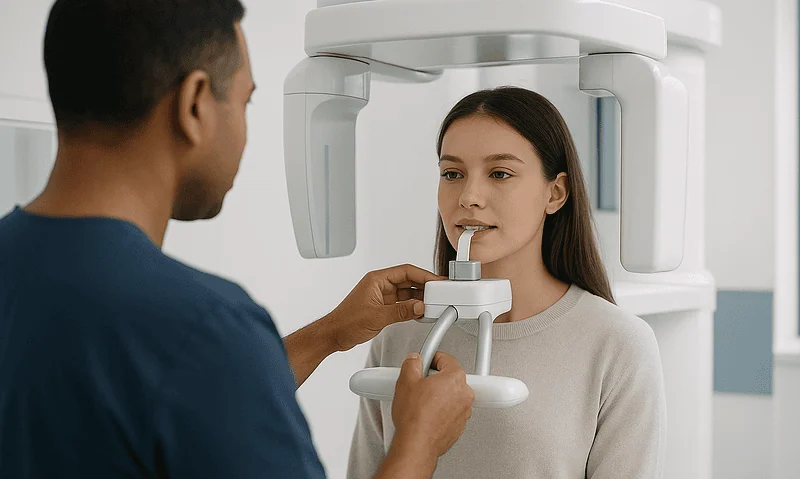 Dental X-ray scan of a young woman at Acibadem Hospital.