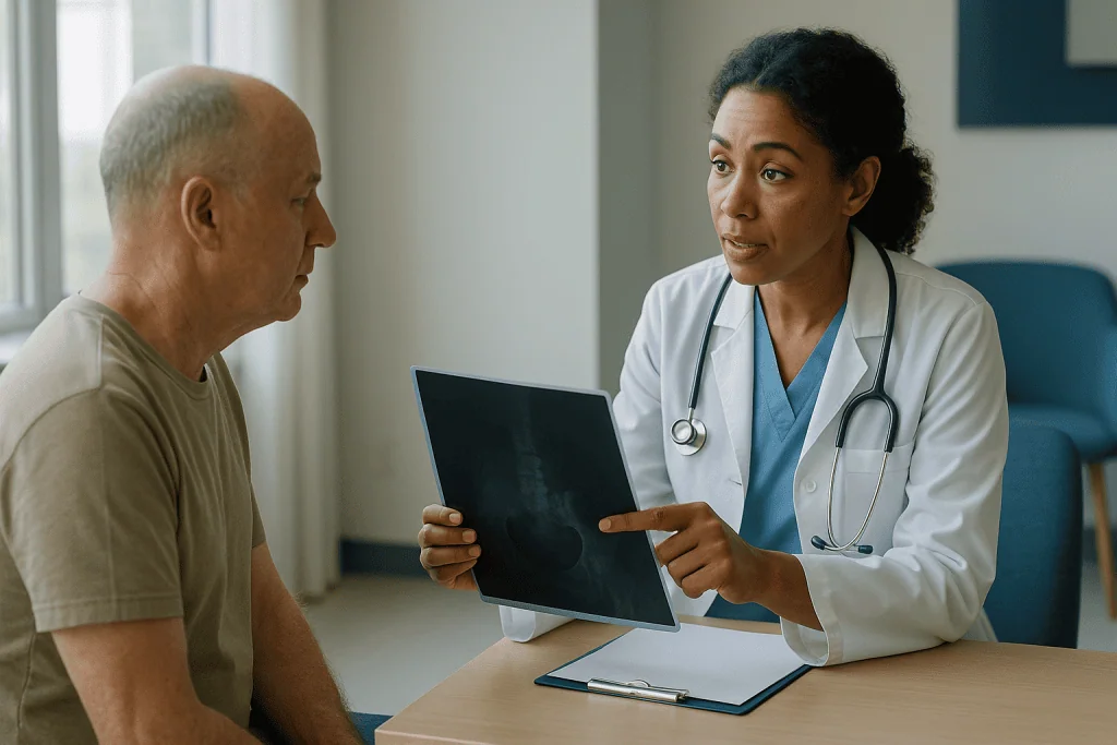 Doctor consulting patient with tablet in office — Why not just scan the nodes, or remove them all?
