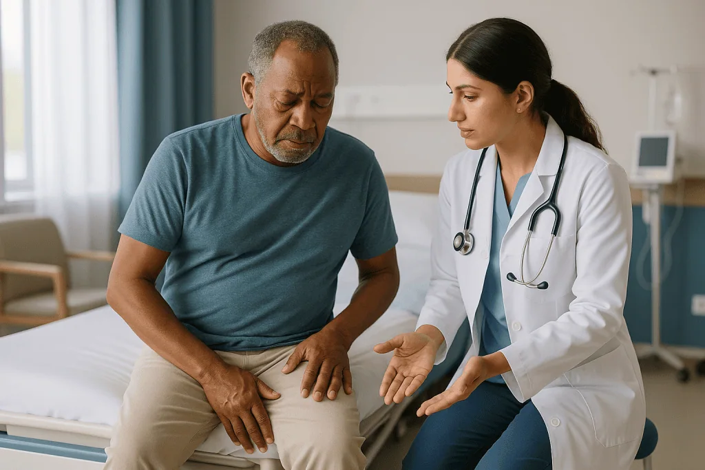 Doctor consulting with male patient about leg pain: Why numbness and pain after a peripheral angiogram happen at all