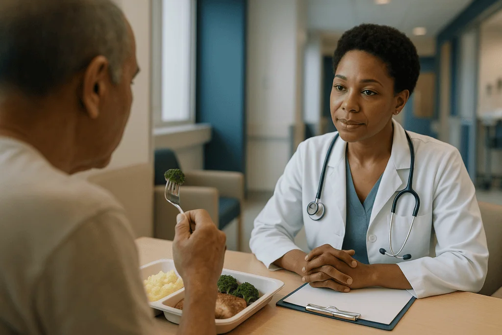 Doctor consulting patient about nutrition and meal plate: Why nutrition during liver cancer treatment is different from othe