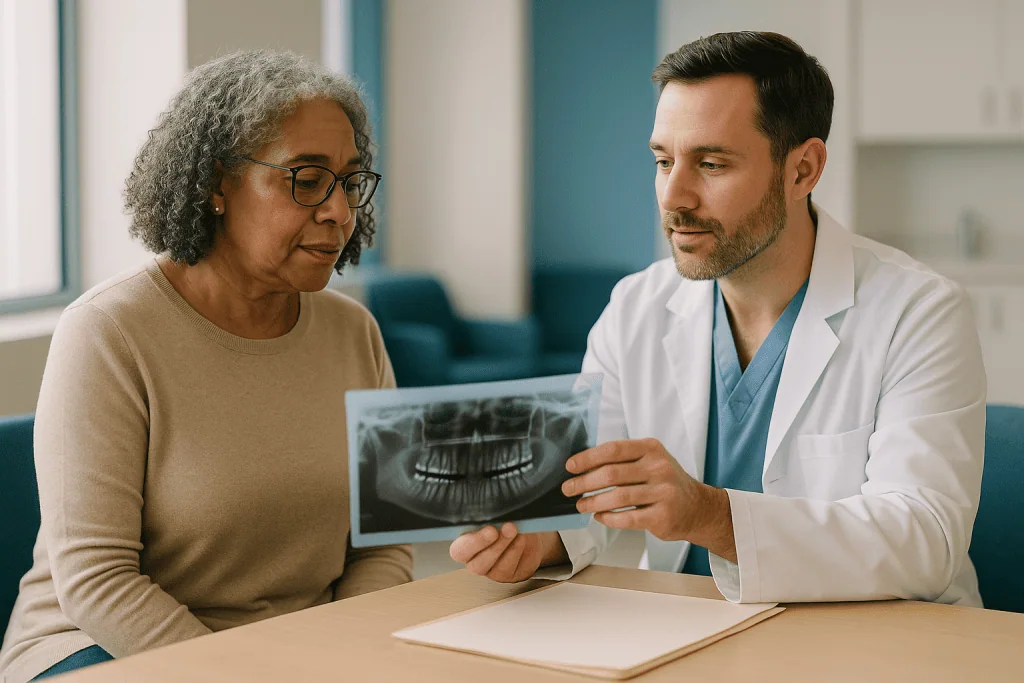 Dentist reviewing dental X-ray with patient: Why old X-rays tell a story a new one cannot