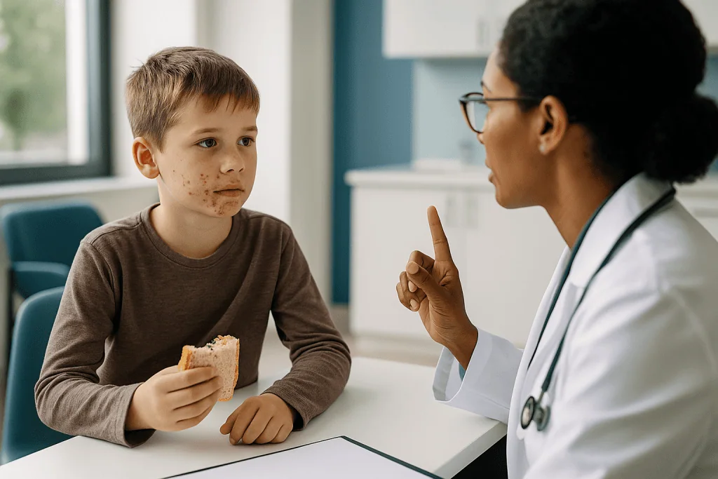 Doctor consulting child with rash; child eating bread: Why one guideline says 24 hours and another says 48