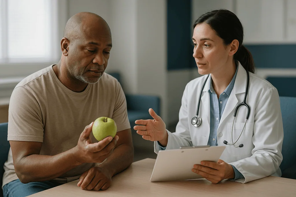 Doctor consulting patient with apple, tablet present: Why one test is rarely enough to map a stricture