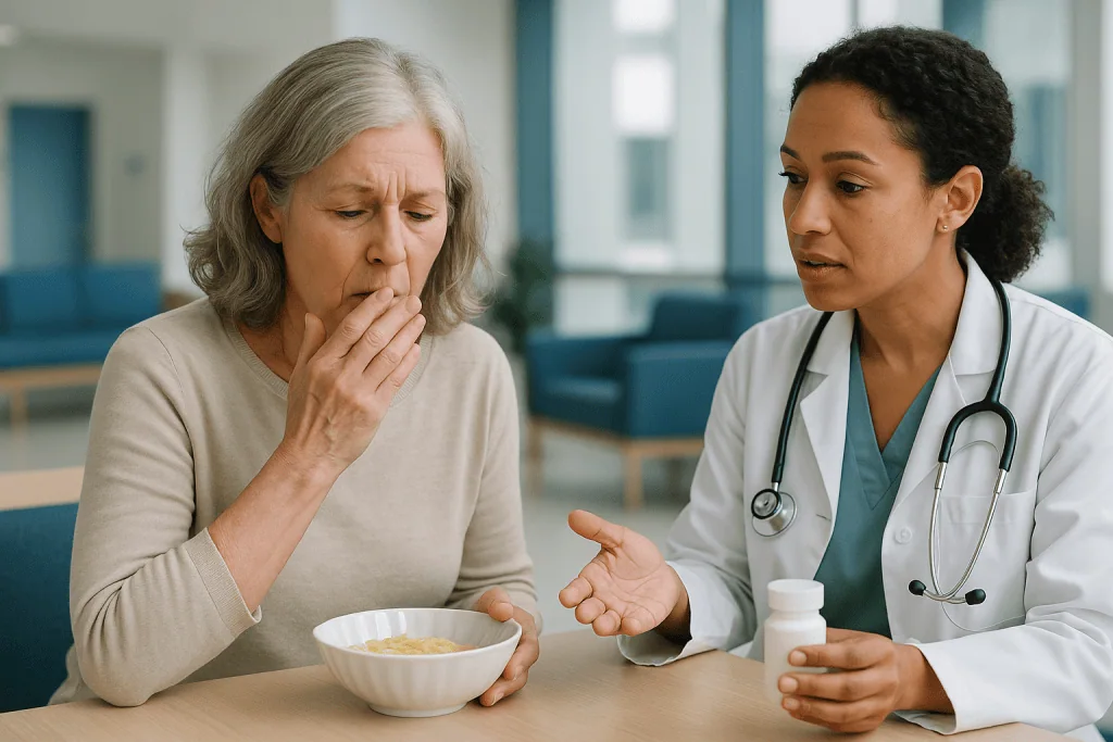 Doctor consulting senior patient about medication side effects: Why overactive bladder medication side effects show up in yo
