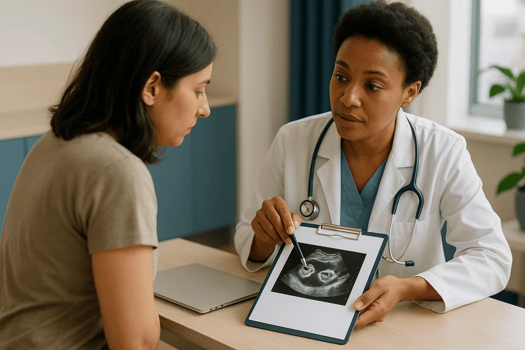 Doctor discussing ultrasound scan with female patient: Why ovulation stalls: the follicle traffic jam