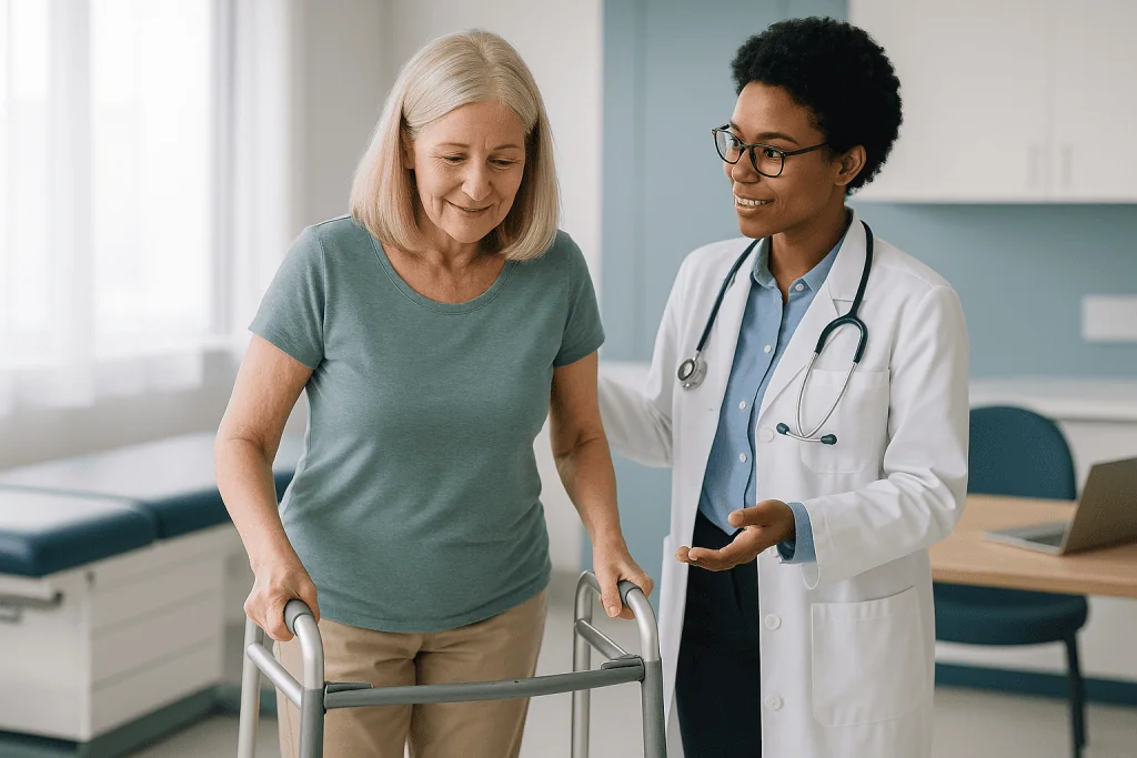 Doctor consulting with older female patient using walker: Why parathyroidectomy recovery time is often shorter than people e