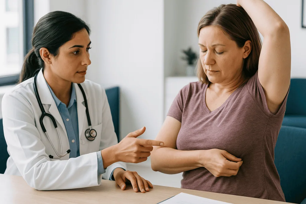 Doctor consulting with female patient about arm or shoulder: Why people consider accessory breast removal surgery
