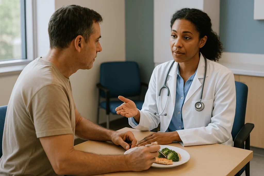 Doctor consulting male patient about diet and nutrition — Why phimosis is managed over time, not rushed
