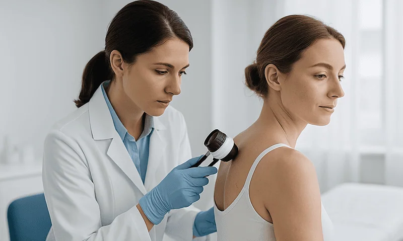 Dermatologist examining patient's skin with a dermatoscope in clinic.
