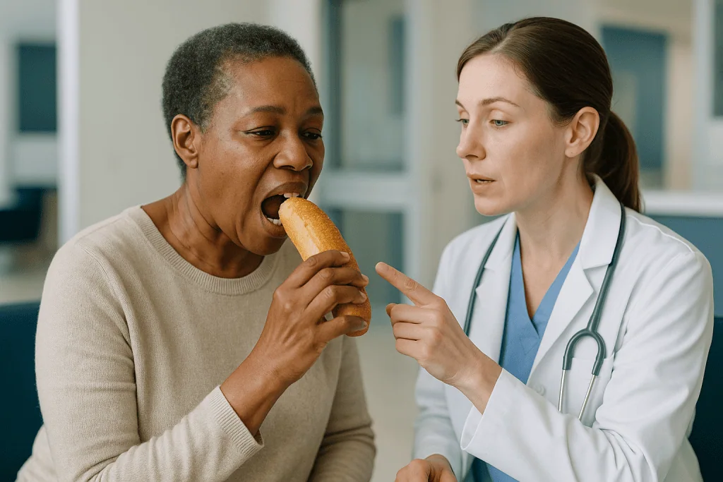 Doctor consulting patient eating bread roll: Why porcelain crowns chip in the first place