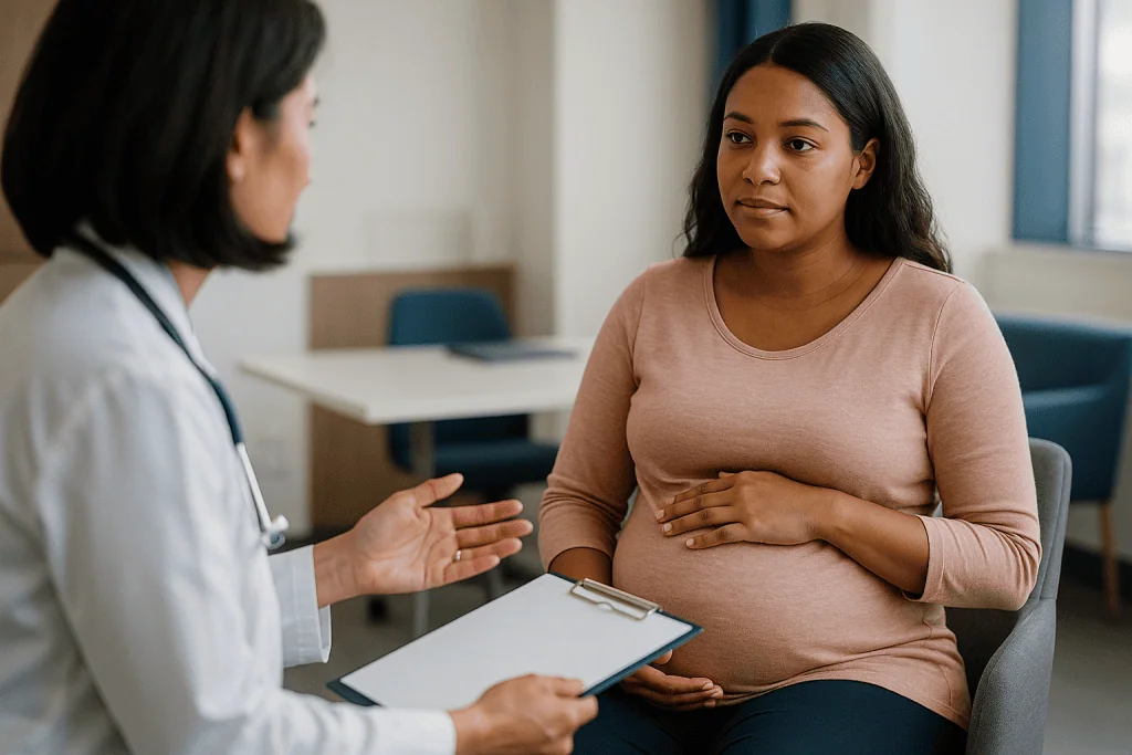 Pregnant woman consulting with female doctor in clinic: Why pregnancy plans sit at the center of the decision