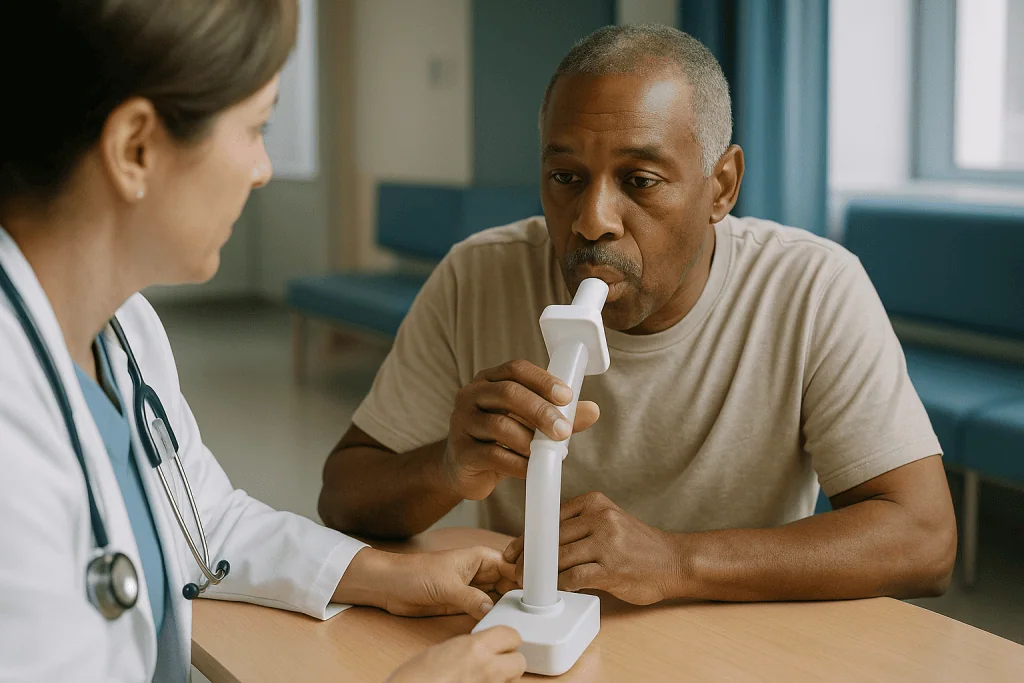 Doctor demonstrating inhaler device to male patient: Why preparing for robotic lung surgery starts weeks, not days, before