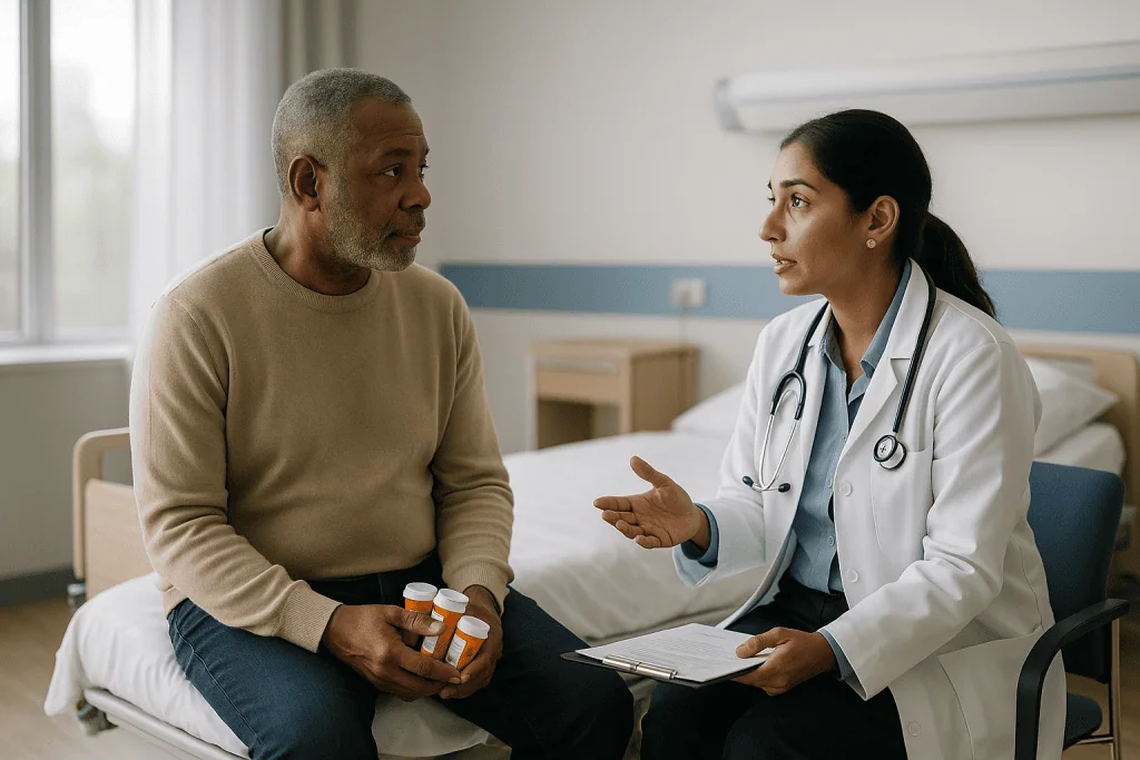 Doctor consulting patient about medications in hospital room: Why prior treatments matter: the lines of therapy question