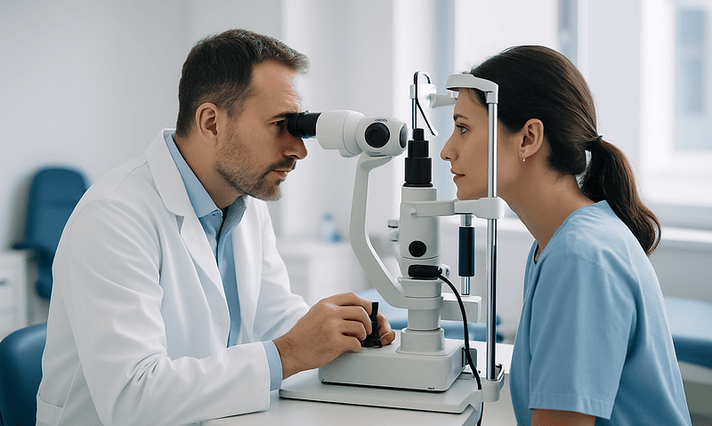 Optometrist examining a patient's eyes with a slit lamp in a clinical setting.