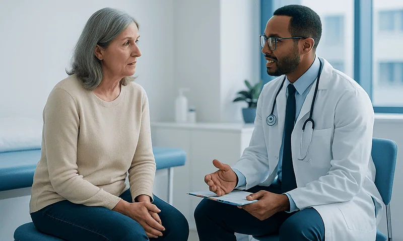 Why Prompt Reporting of New Symptoms Matters in Demyelinating Disease Follow-Up 5 Doctor consulting with an elderly female patient in a hospital room.