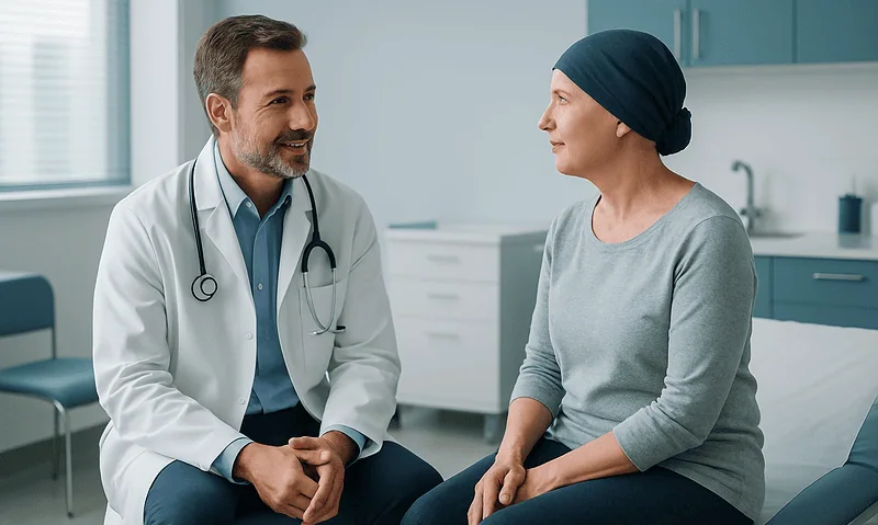 Doctor consulting with a female patient in a medical office.