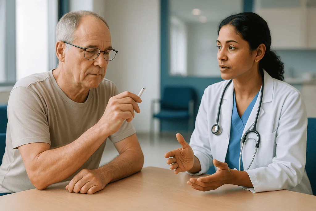 Doctor consulting with older male patient at desk: Why quitting smoking is still the most powerful of all emphysema treatmen