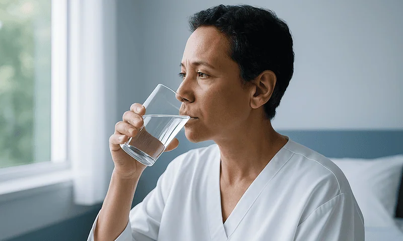 Woman drinking water in a clinical setting for hydration and health.