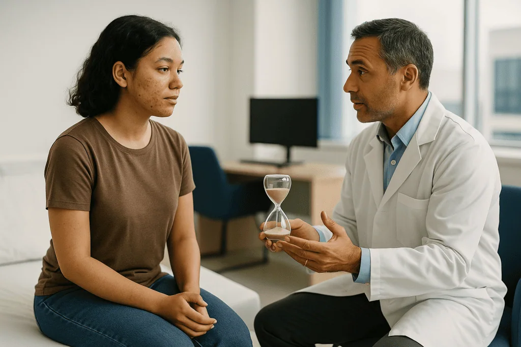 Doctor showing hourglass to patient in consultation: Why results build session by session rather than arriving at once