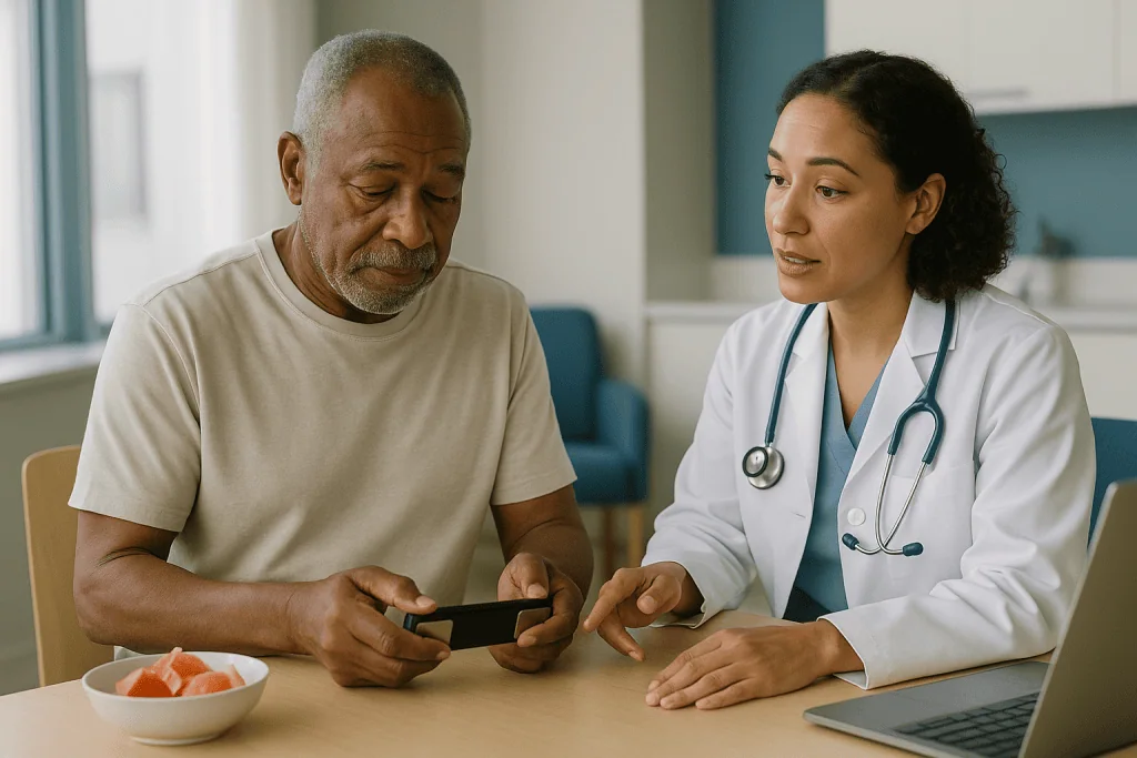 Doctor consulting with older male patient using mobile device: Why rhythm checks matter so much in an amyloid heart