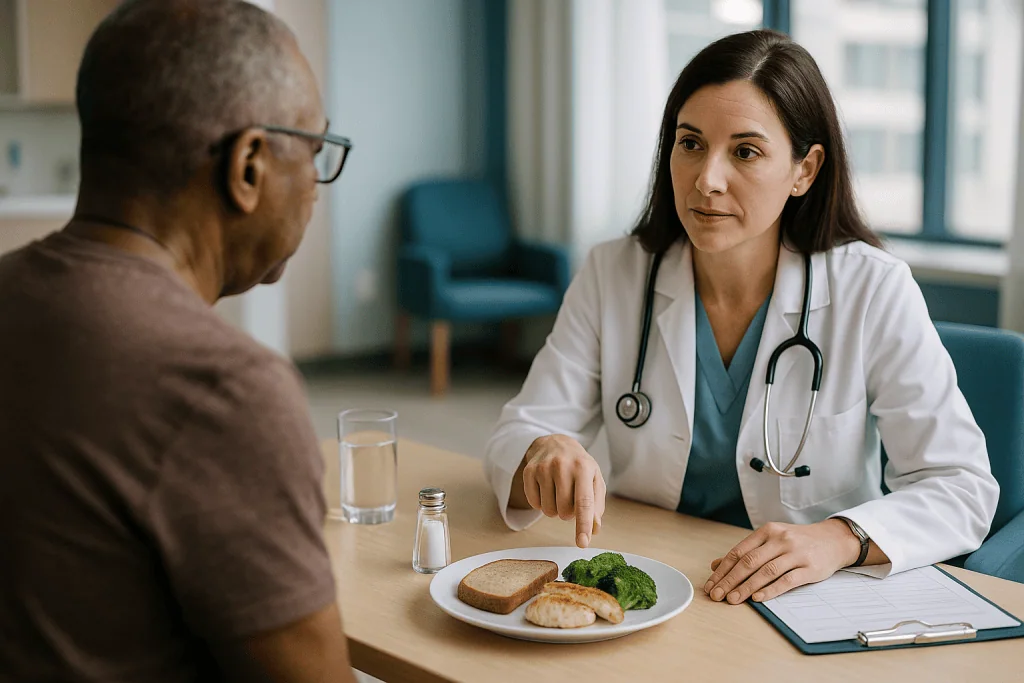 Doctor consulting patient about dietary nutrition and meal planning: Why salt, protein and sugar have to be managed together