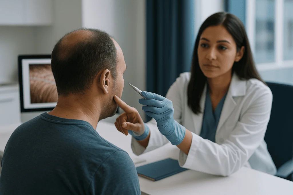 Male patient receiving dermatological examination with small tool: Why sapphire transplant results depend on the channel, no