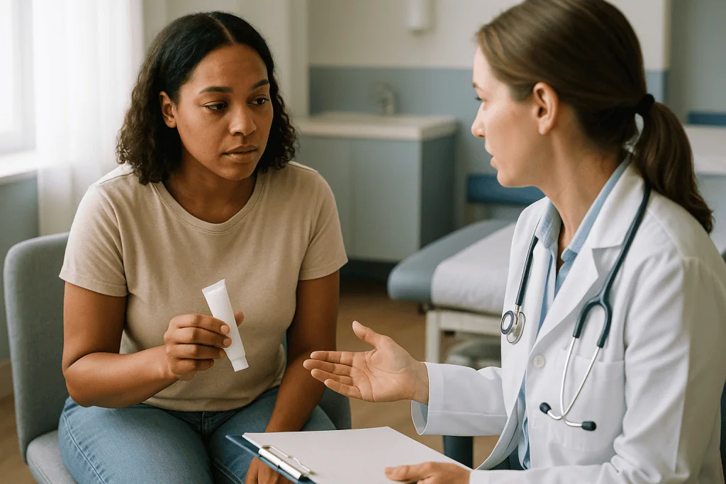Female patient consulting with female doctor in clinical setting: Why self-treating with over-the-counter creams is also pau