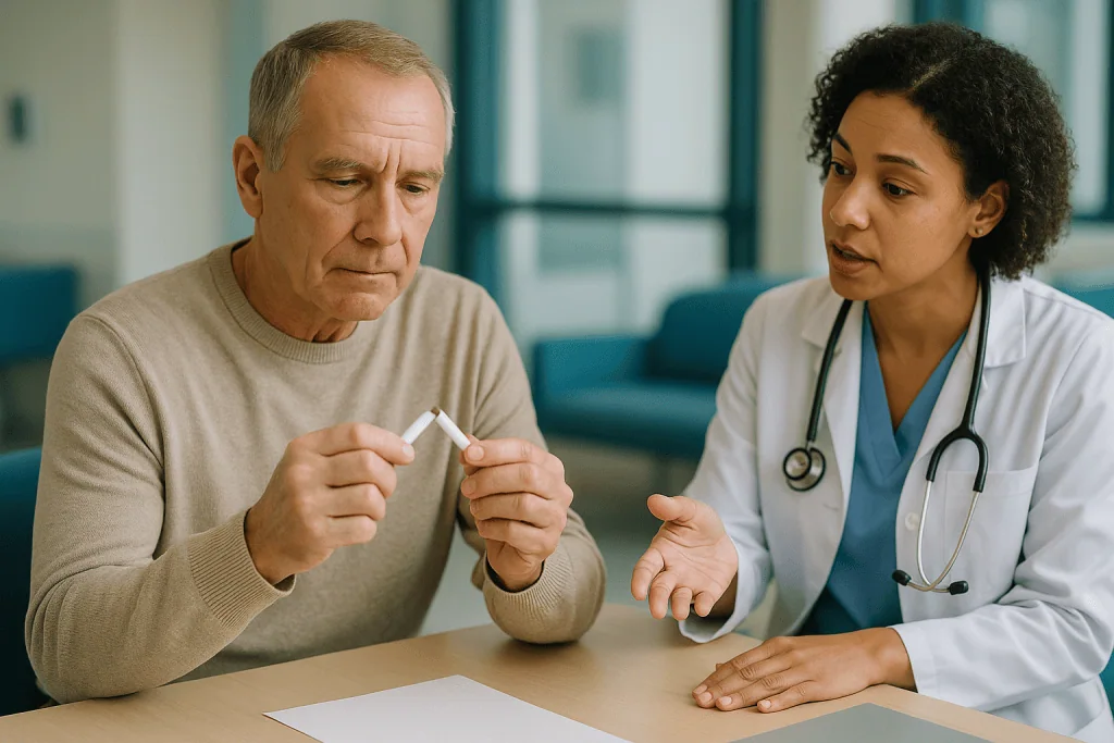 Doctor consulting with older male patient about medication: Why should you quit smoking before heart surgery?
