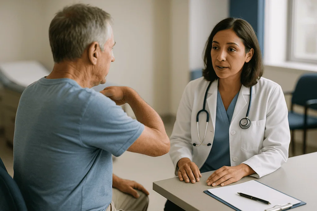 Doctor consulting with male patient at desk: Why shoulder impingement diagnosis starts with your story, not a scan