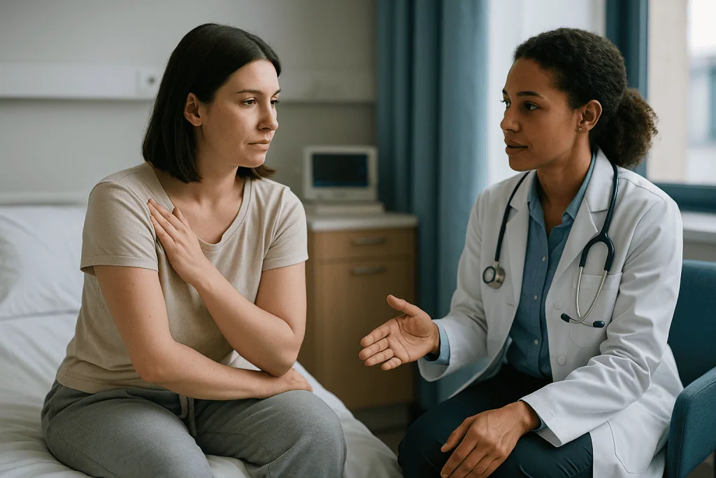 Doctor having consultation with female patient in hospital room: Why shoulder pain after laparoscopy happens, and what actua