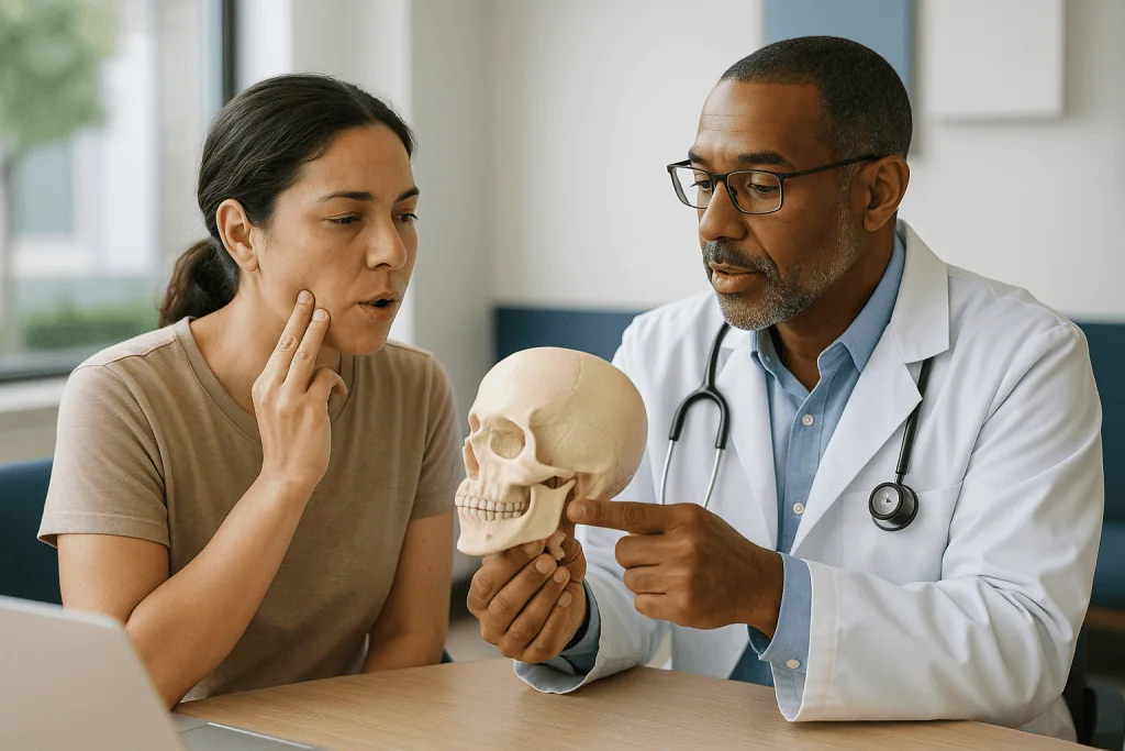 Doctor explaining skull anatomy to female patient: Why side effects happen: a one-minute tour of the jaw