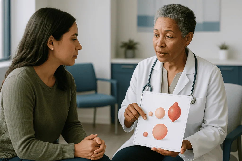 Female doctor consulting patient with medical illustration: Why size and location decide the care plan: a fibroid size chart