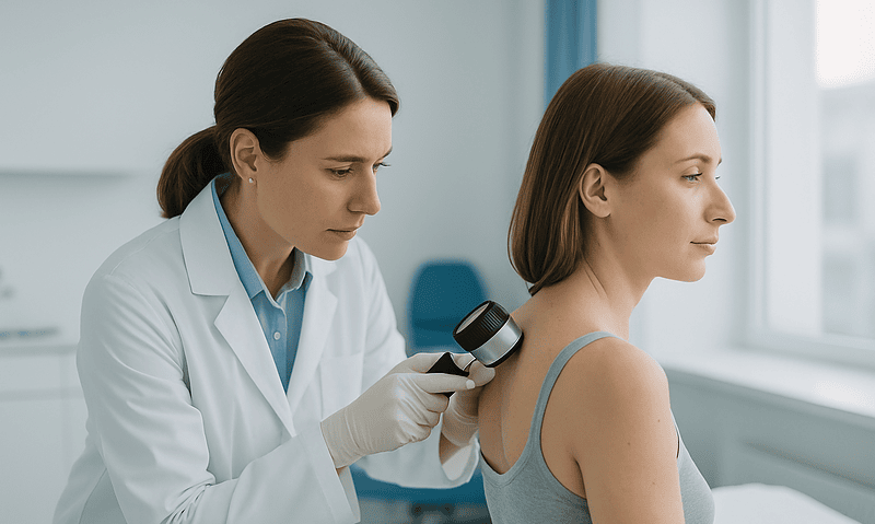 Doctor examining patient's shoulder with a dermatoscope in a clinical setting.