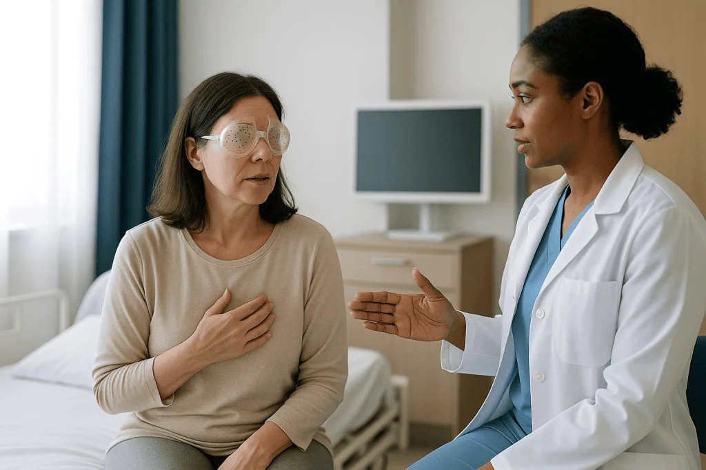 Doctor consulting patient in clinical setting, no eye shields visible: Why sleeping after SMILE surgery is the riskiest part