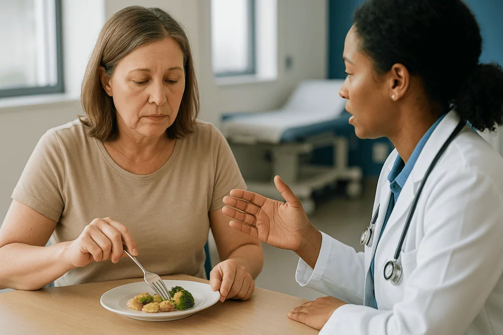 Doctor consulting patient about food portion control: Why small bites and slow meals matter more than what is on the plate