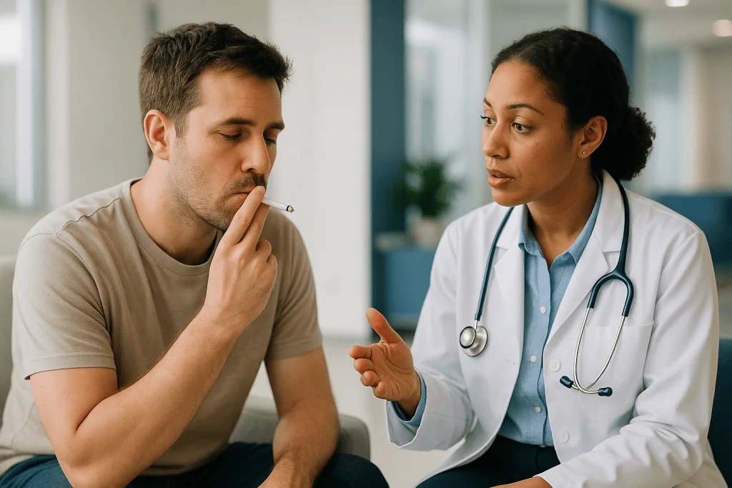 Doctor consulting patient in clinical office setting: Why smoking (and vaping) matter after wisdom teeth removal